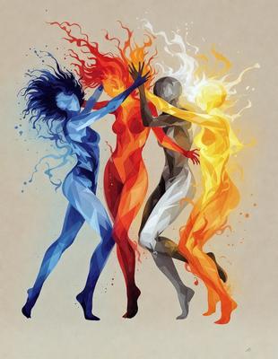 The image features three women with different colored skin, each with a unique appearance. They are all standing close to each other, with one woman on the left, another in the middle, and the third on the right. The women are wearing white pants, and their skin colors are blue, orange, and yellow. The scene appears to be a digital art or illustration, showcasing the women's unique features and the vibrant colors they possess.